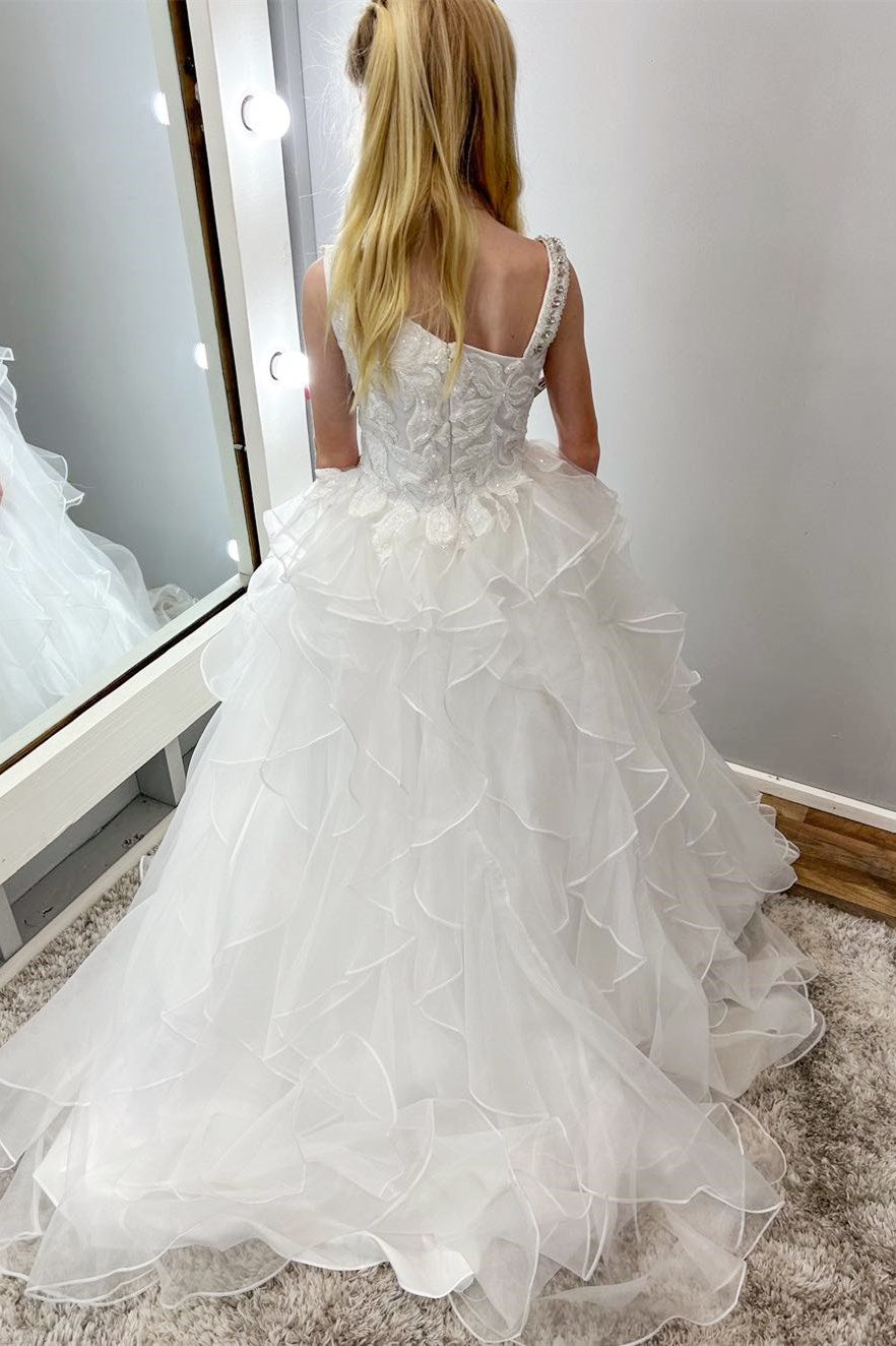 Asymmetrical White Glitter Appliques Multi-Layer Girl Pageant Dress