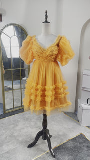 Orange Sweetheart Ruffle A-Line Short Dress with Puff Sleeves
