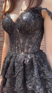 Black Sequin-Embroidery Sweetheart A-Line Tiered Homecoming Dress