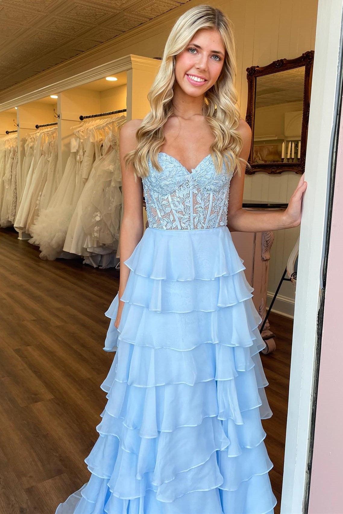 Royal Blue Chiffon Sweetheart Ruffle Tiered Long Prom Dress