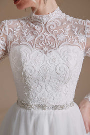 White Lace High Collar Long Sleeves A-Line Wedding Dress