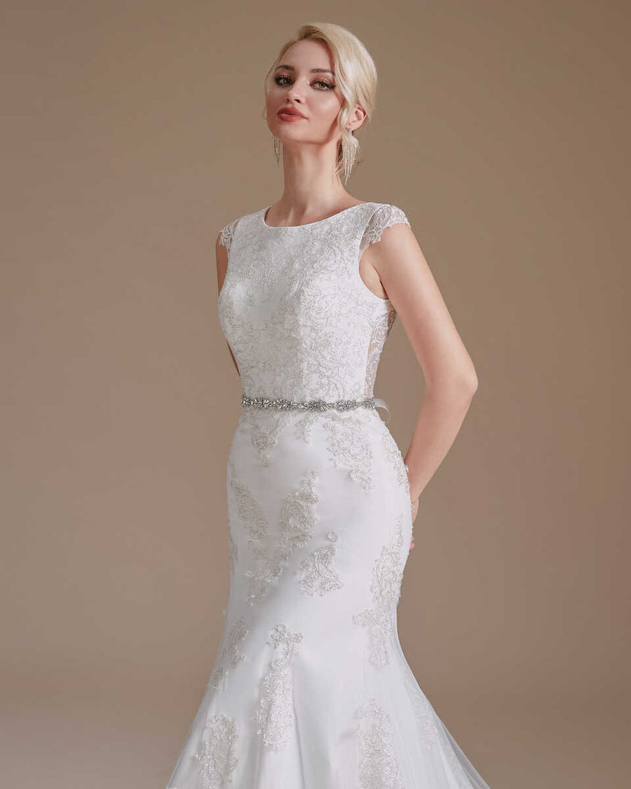 White Lace Cap Sleeve Sheer Back Mermaid Wedding Dress