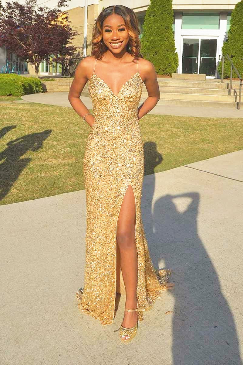 Gold Two-Pieces Sequin Spaghetti Straps V-neck Backless Prom Dresses, –  OkBridal