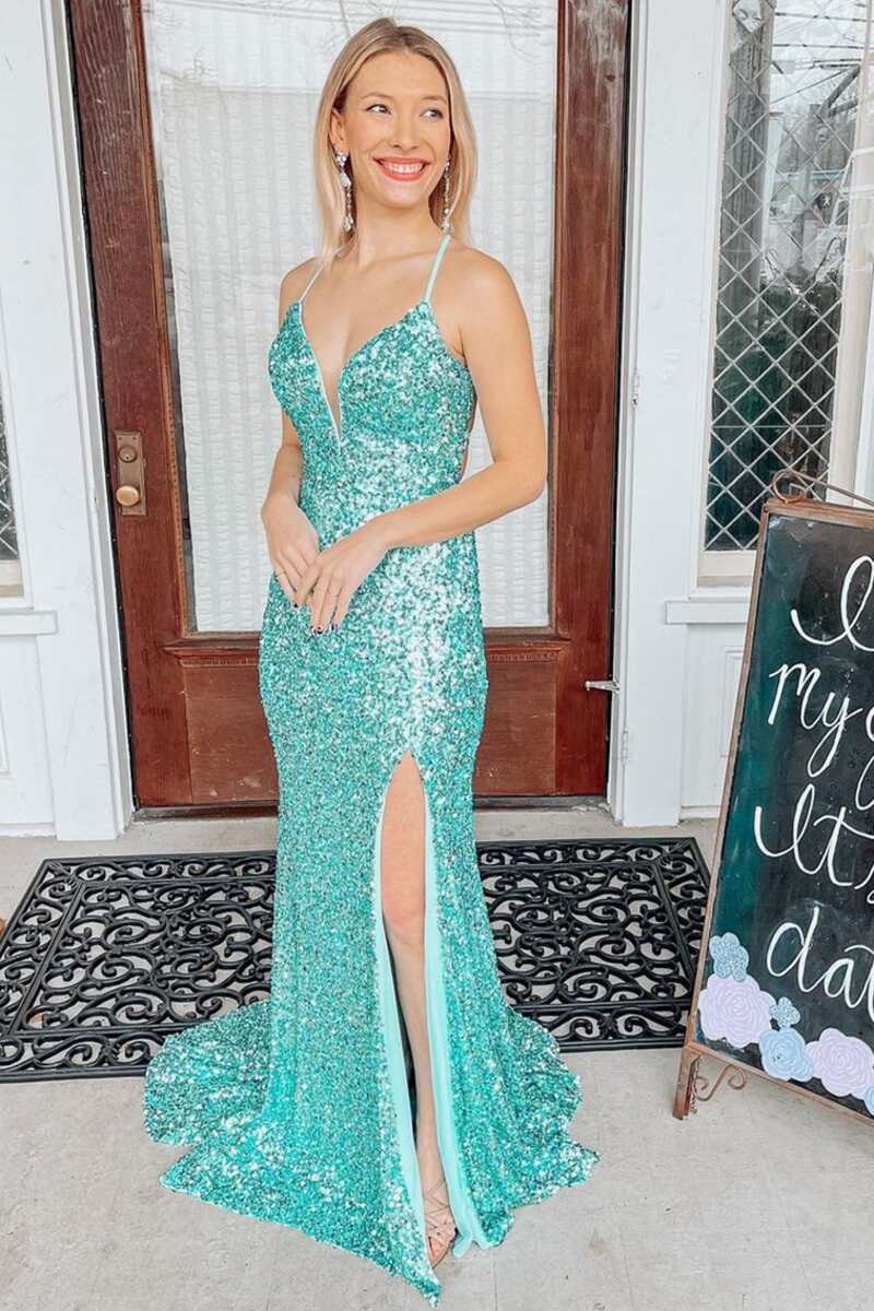Light Jade Sequin Lace-Up Back Mermaid Long Prom Dress