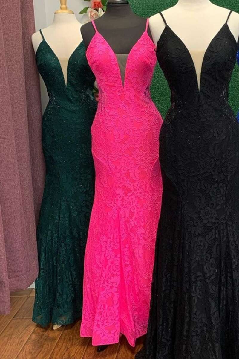 Trumpet Hot Pink Lace Open Back Long Prom Dress