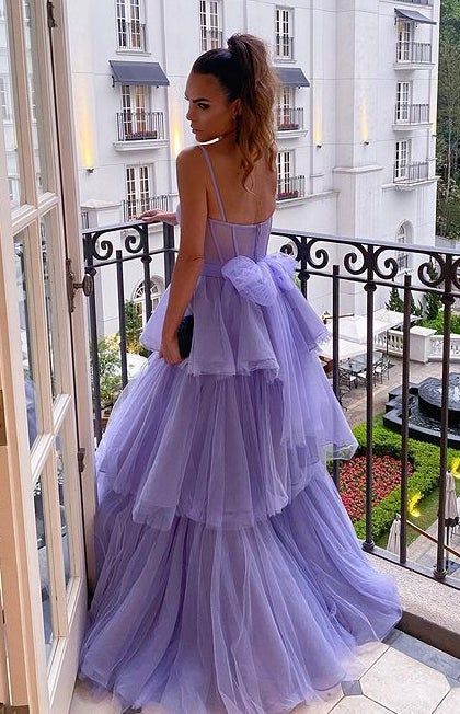 Tiered Lavender Bustier Bow-Back Long Prom Dress