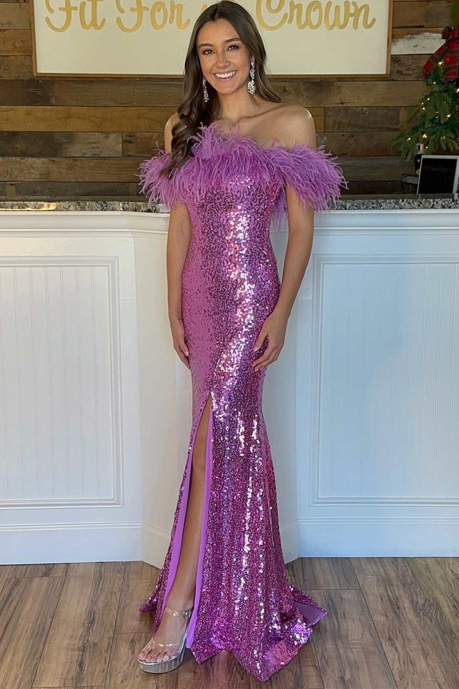Purple Sequin Feather Off-the-Shoulder Mermaid Long Formal Gown