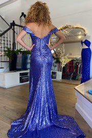 Black Sequin Off-the-Shoulder Mermaid Long Prom Dress with Slit