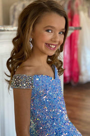 White Iridescent Sequin Beaded Off-the-Shoulder A-Line Girl Pageant Dress