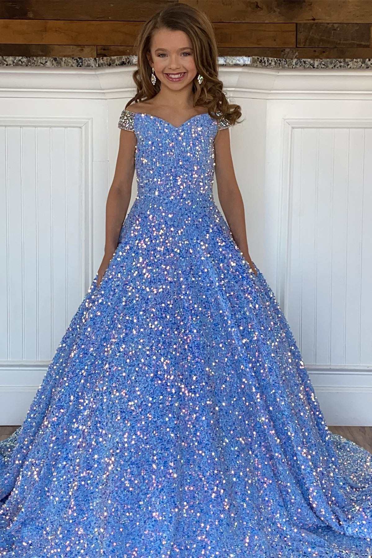 White Iridescent Sequin Beaded Off-the-Shoulder A-Line Girl Pageant Dress