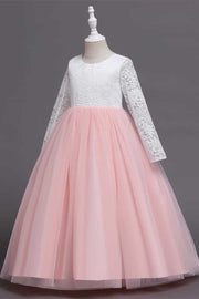 White and Pink Lace Long Sleeve A-Line Flower Girl Dress