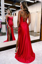 Red Lace-Up Back Pleated Satin Long Prom Dress with Slit