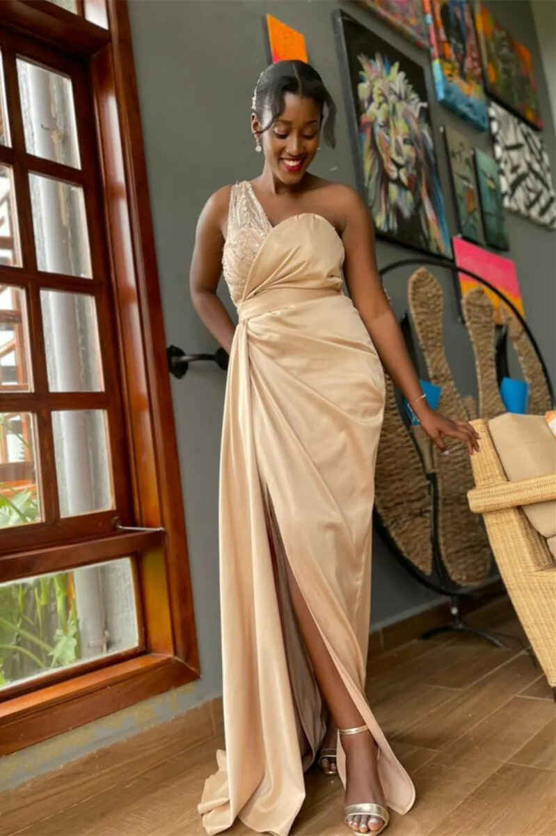 Unique Champagne Long One Shoulder Satin Bridesmaid Dresses