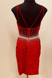 Red Beaded V-Neck Spaghetti Straps Mini Homecoming Dress