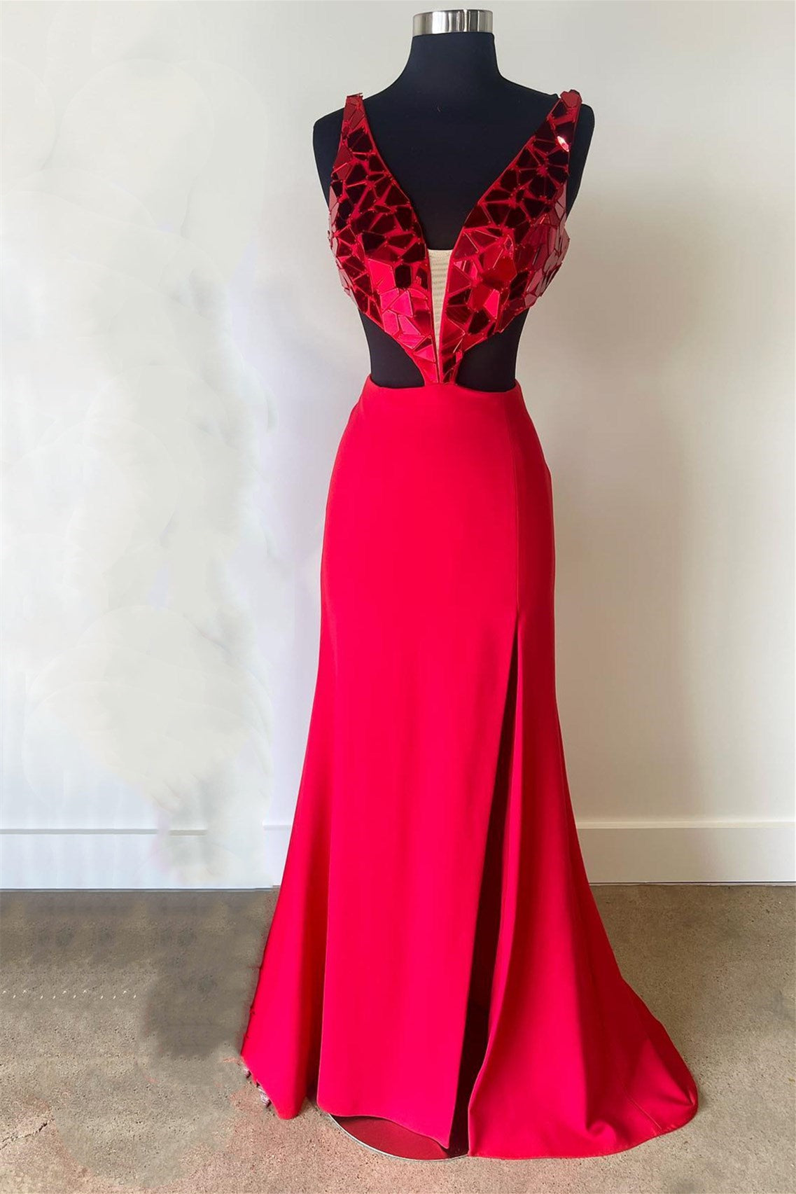 Red Mirror-Sequins Plunging V Neck Long Prom Dress with Slit