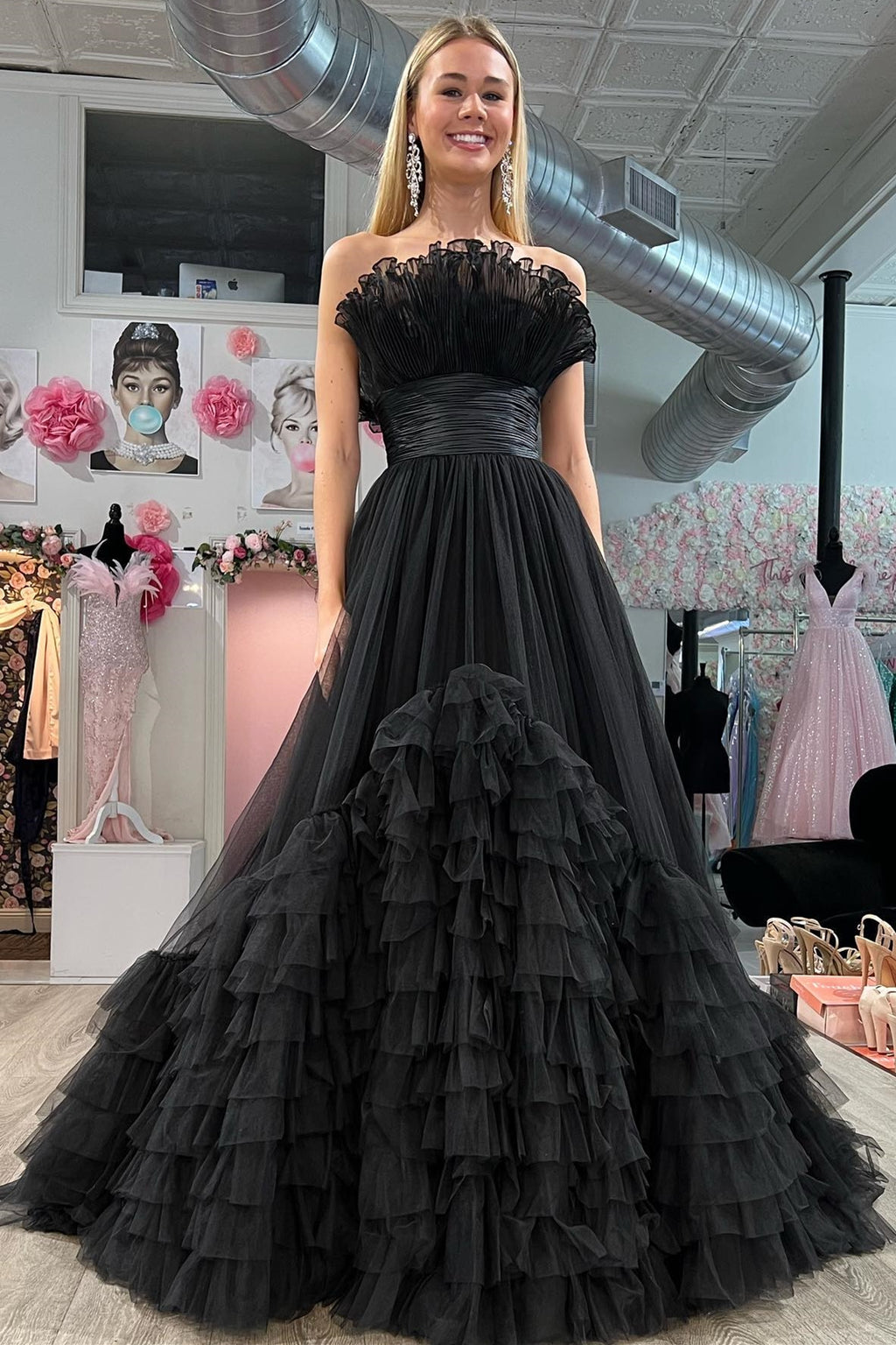A-Line Strapless Tiered Prom Dress Mist