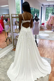 White Beaded Queen Anne Cutout Back A-Line Prom Gown