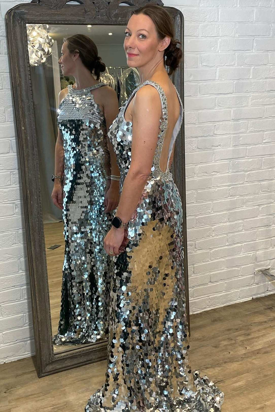 Silver Sequin Halter Backless Mermaid Long Prom Dress