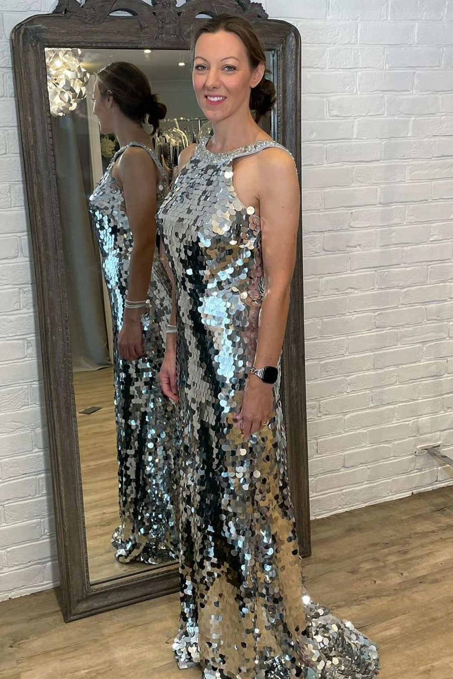 Silver Sequin Halter Backless Mermaid Long Prom Dress
