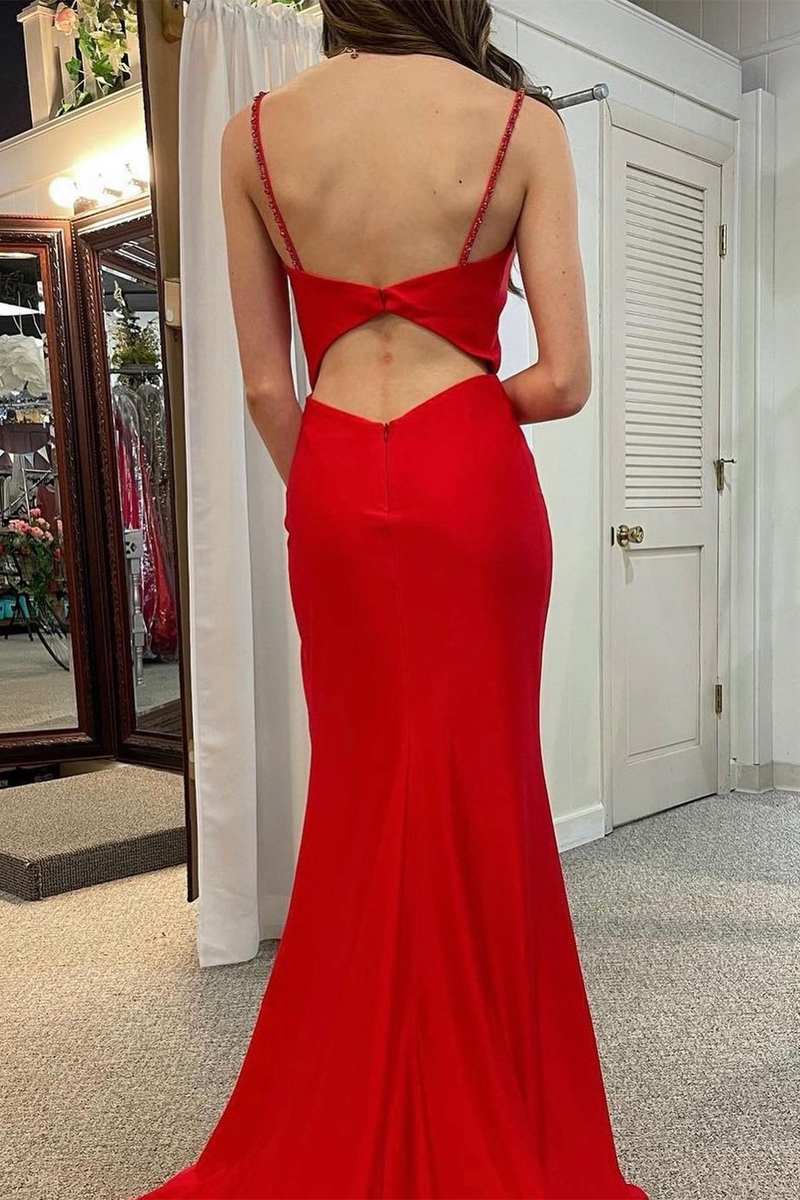 Red Cowl Neck Cutout Back Ruching Long Formal Dress with Slit