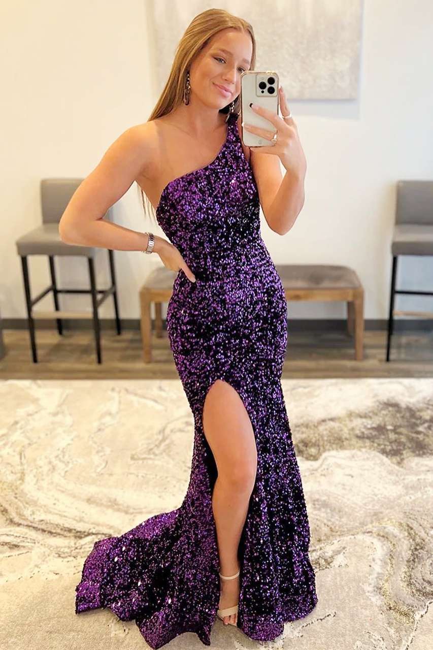 Purple Sequin One-Shoulder Mermaid Prom Dress with Slit