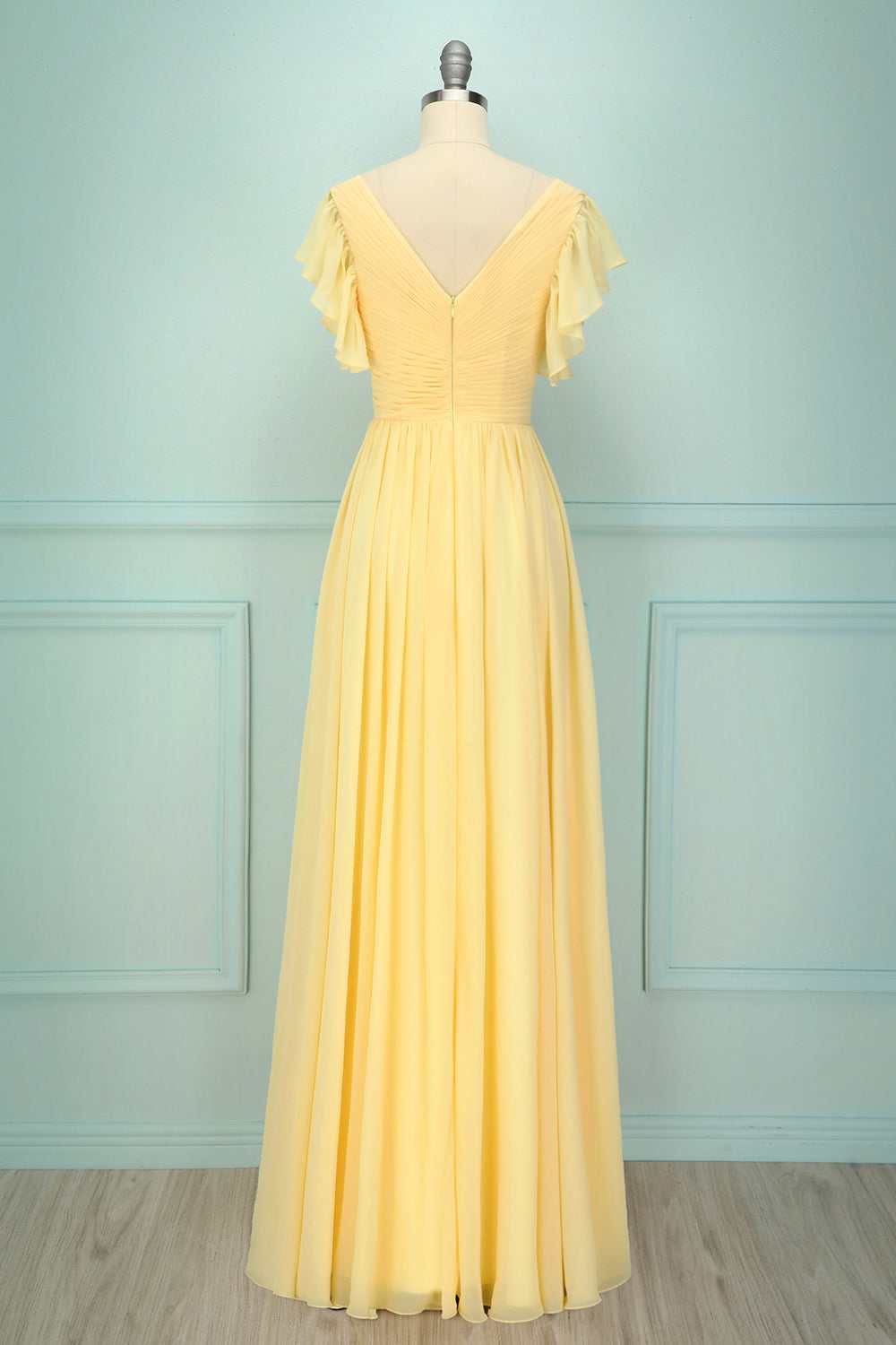 Yellow V-Neck Ruffled Pleated Bridesmaid Dress