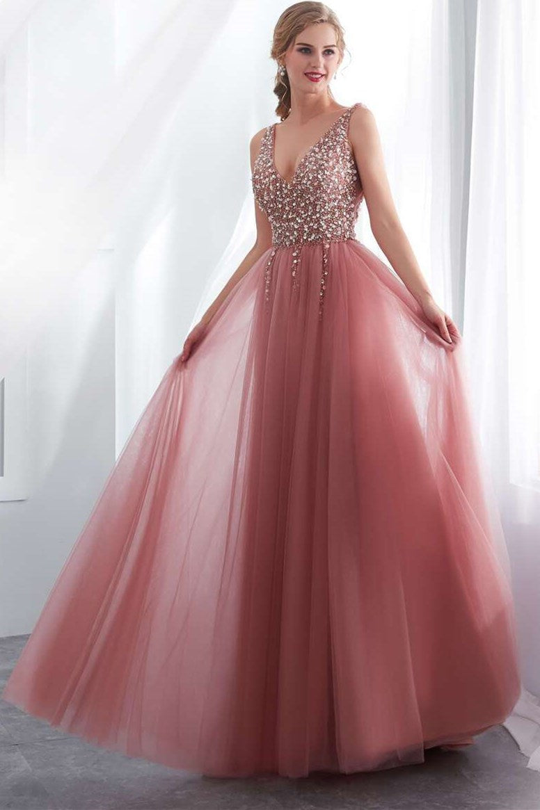 Blush Pink V-neck Beaded Tulle Prom Dress
