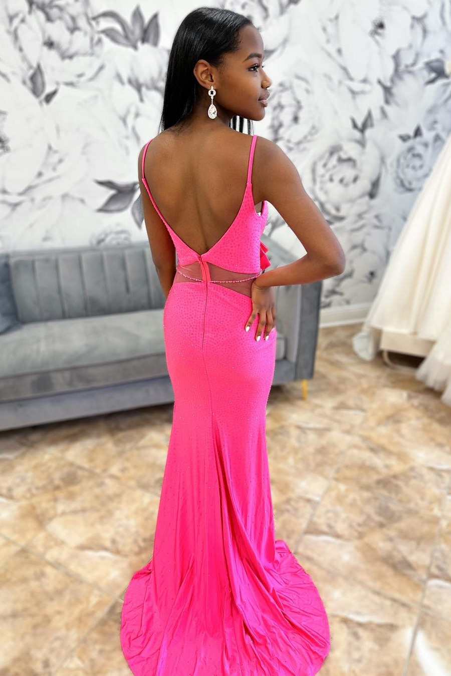 Hot Pink Beaded Bow-Front Mermaid Long Prom Dress with Slit