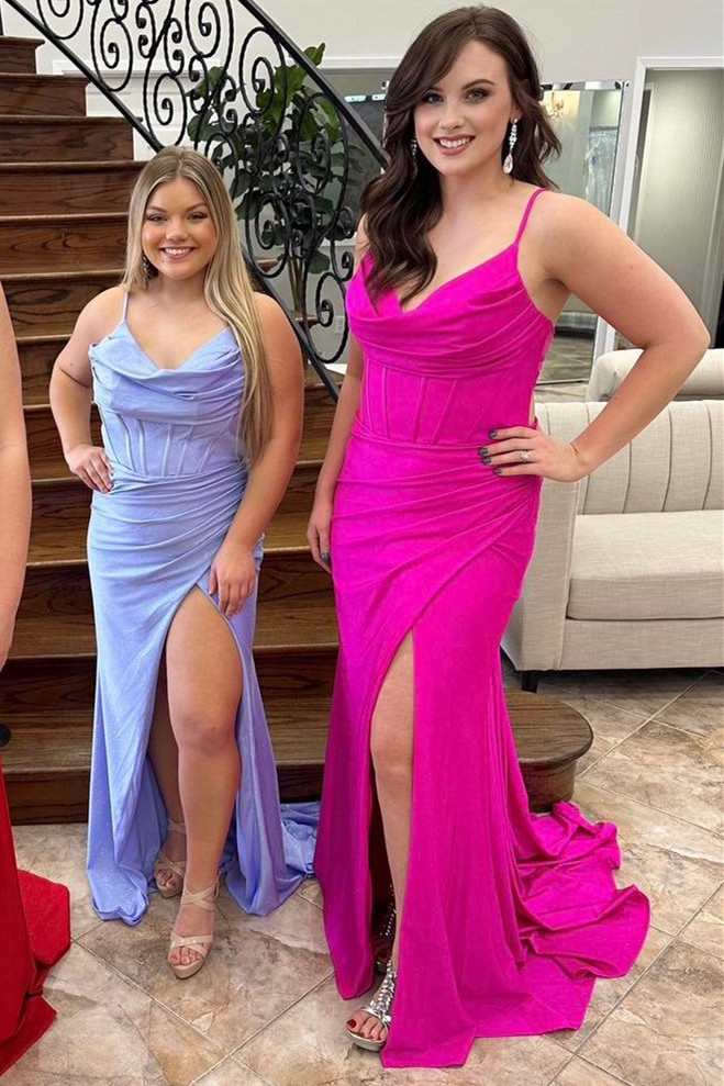 Cowl Neck Lace-Up Back Mermaid Long Prom Dress with Slit