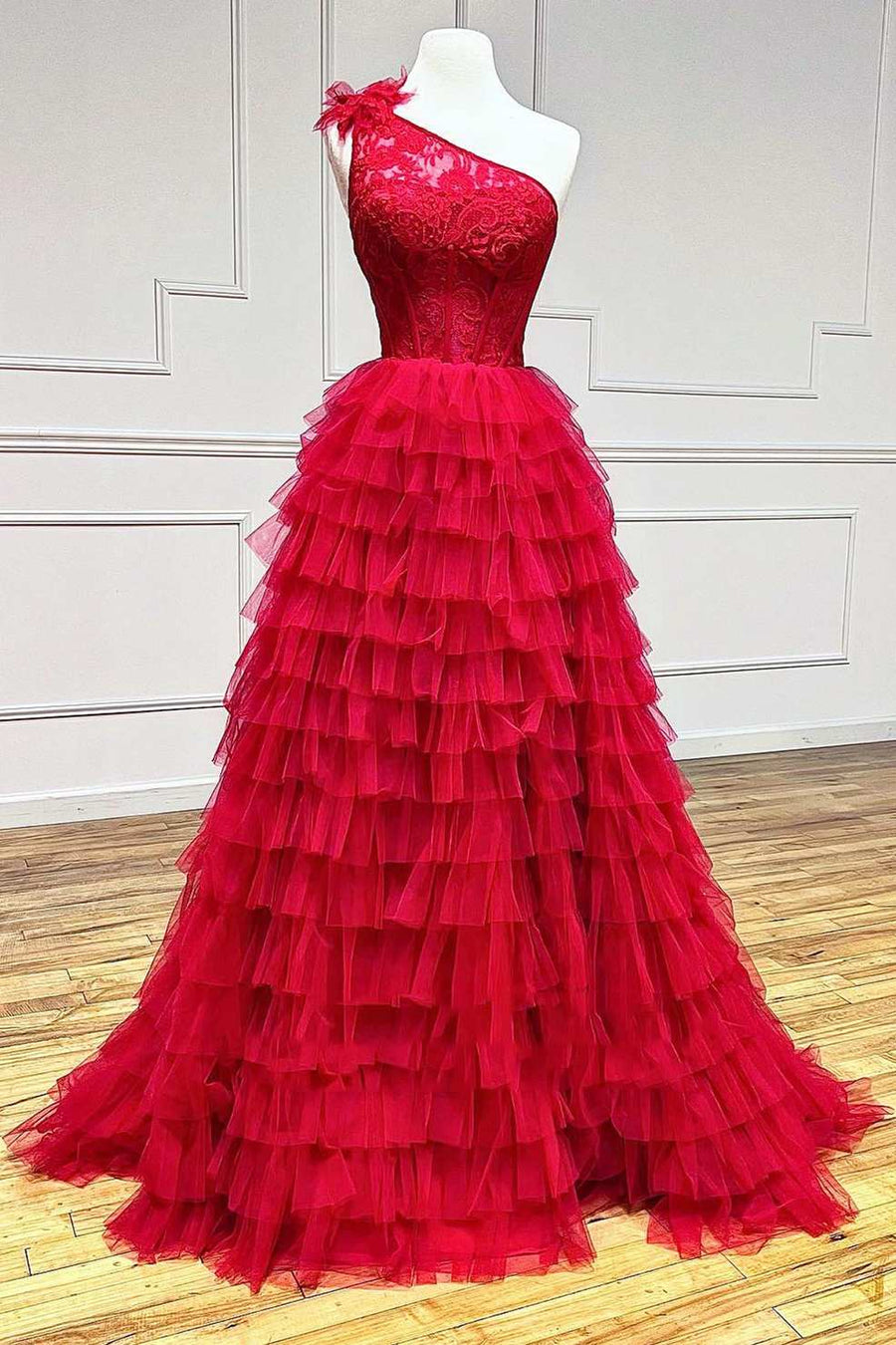 One-Shoulder Red Lace A-Line Tiered Prom Dress with Ruffles
