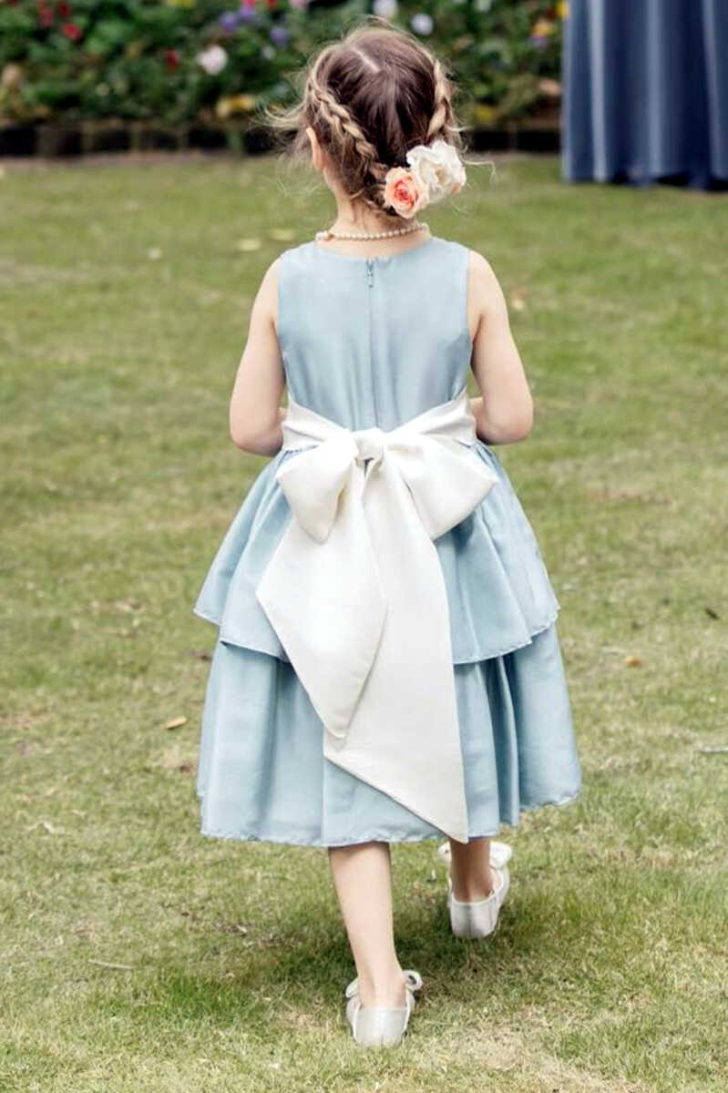 Dusty Blue Satin Crew Neck Bow Back Tiered Flower Girl Dress
