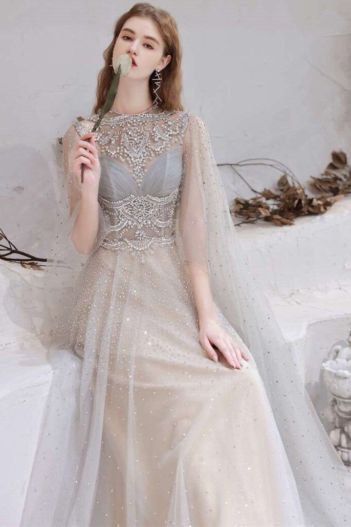 Glamorous Light Grey Tulle Beaded Long Prom Gown with Cape