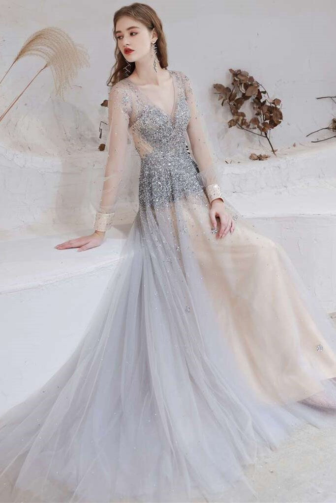 Gray Tulle Beaded V-Neck Long Sleeve Prom Dress
