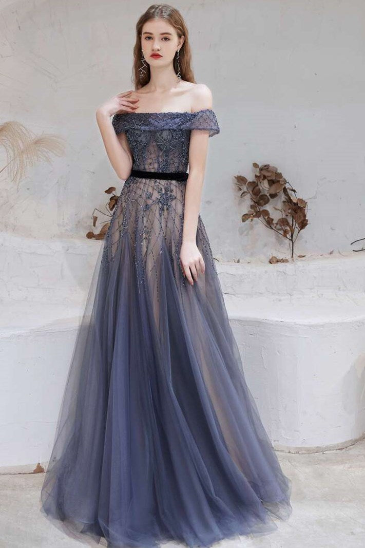 Navy Blue Tulle Beaded Short Prom Dress, Blue Tulle Off Shoulder Homecoming Dress main image 0