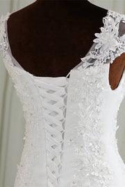 Elegant White Beaded Embroidered Cap Sleeve Trumpet Wedding Dress