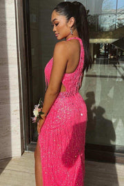 Black Sequin Fringe Halter Long Prom Dress with Slit
