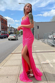 Neon Pink Sequin Mermaid Long Formal Dress