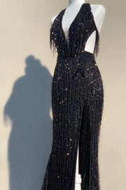 Black Sequin Fringe Halter Long Prom Dress with Slit