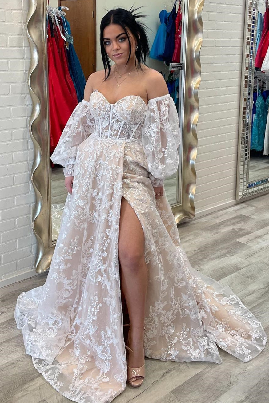 Sparkle Princess Lavender Bustier Puff Sleeve Lace Long Prom Gown