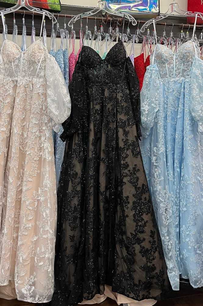 Sparkle Princess Lavender Bustier Puff Sleeve Lace Long Prom Gown