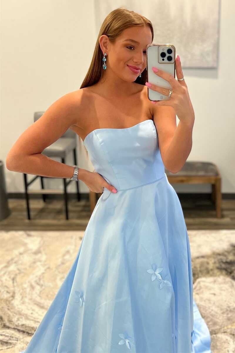 3D Flower Light Blue Strapless A-Line Prom Dress
