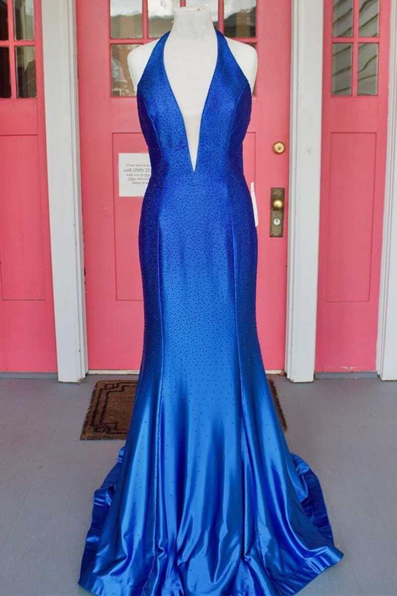 Royal Blue Beaded Plunge Halter Mermaid Long Prom Dress
