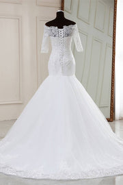 White Lace Off-the-Shoulder Half Sleeve Trumpet Wedding Dress