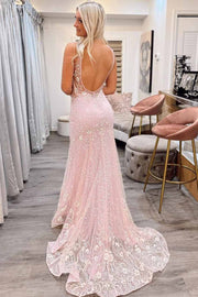 Pink Jacquard Tulle V-Neck Backless Mermaid Prom Dress