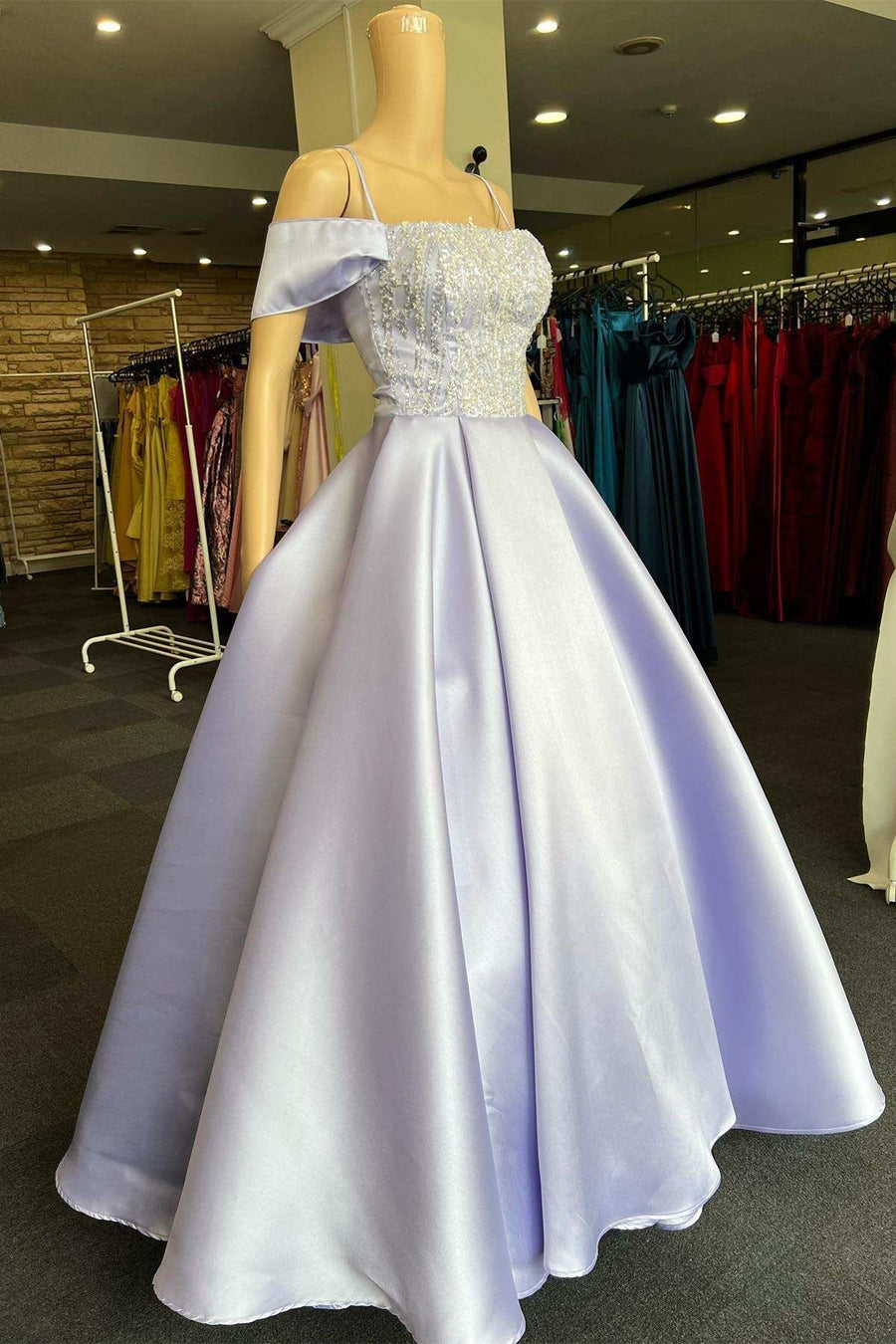 Lavender Satin Beaded Cold-Shoulder A-Line Prom Dress