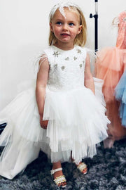 Multi-Tiered White feather Sleeveless Girl Party Dress
