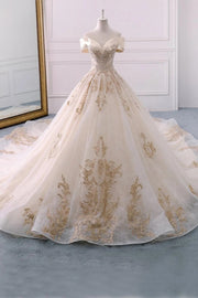 Champagne Embroidered Off-the-Shoulder Wedding Dress