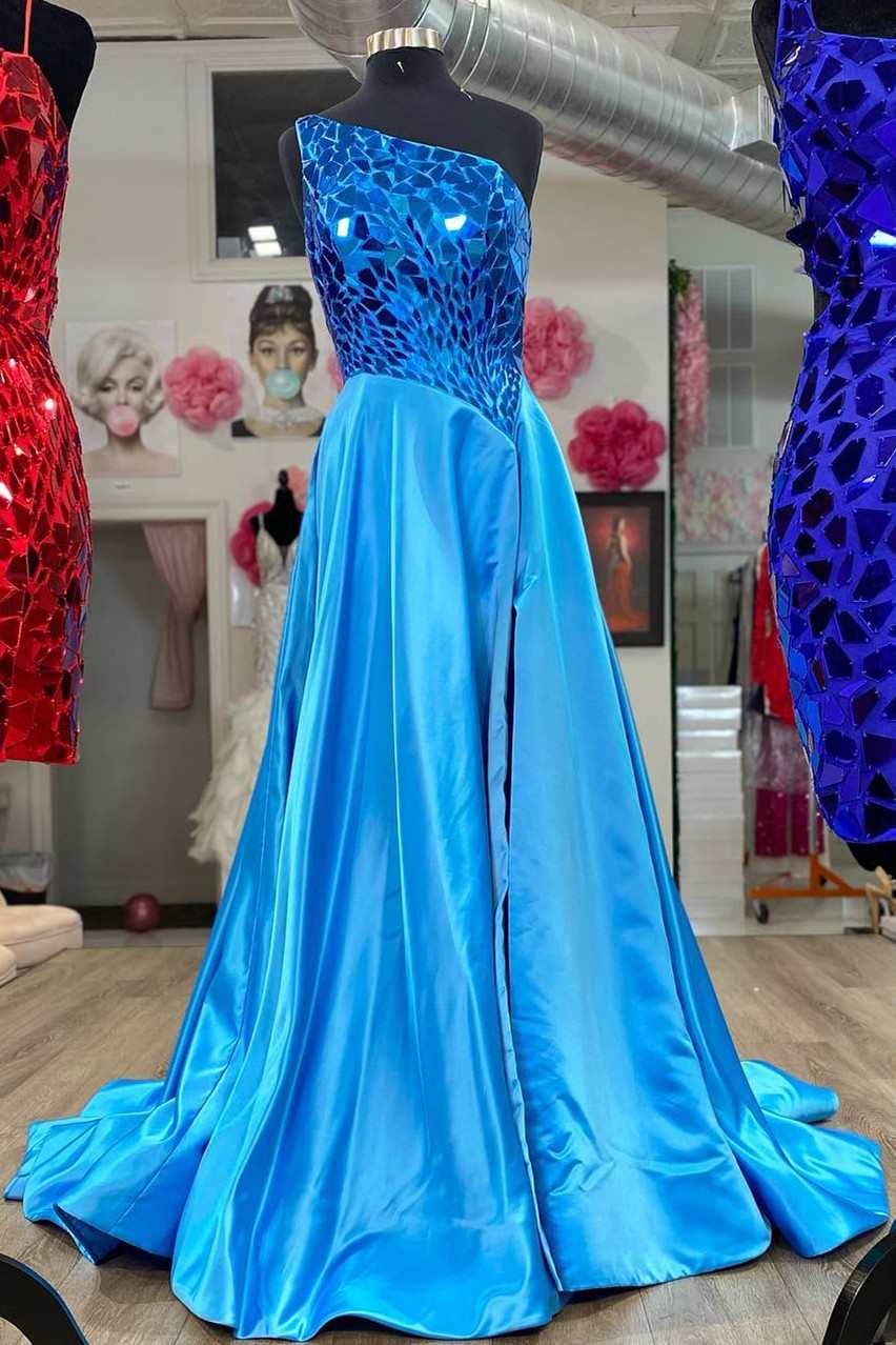 Blue Cut Glass Mirror One-Shoulder A-line Long Prom Dress