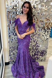 Purple Sequin V-Neck Lace-Up Mermaid Long Prom Dress