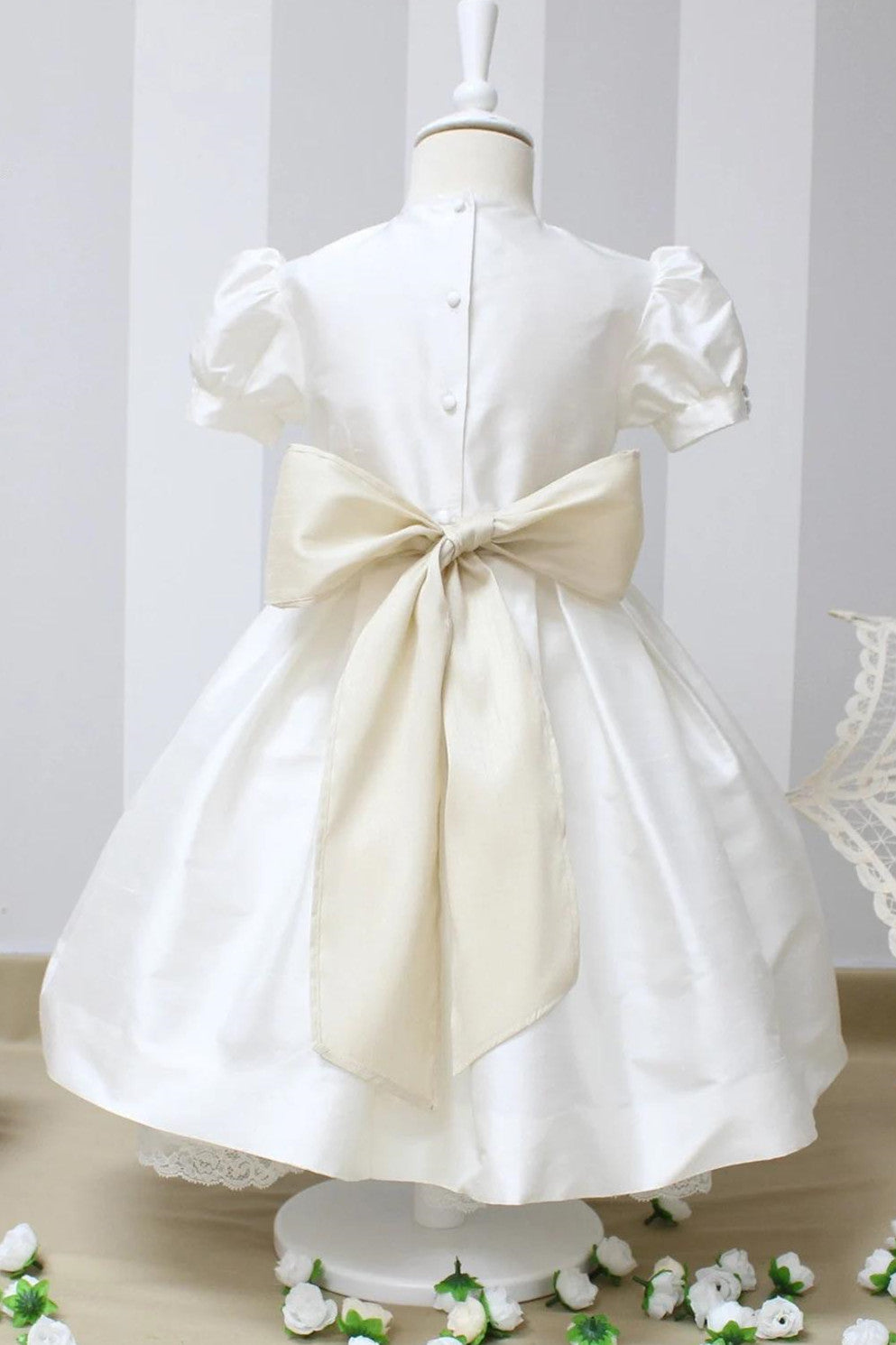 Off White Satin Puff Sleeve Banded Waist Bow Girl Party Dress
